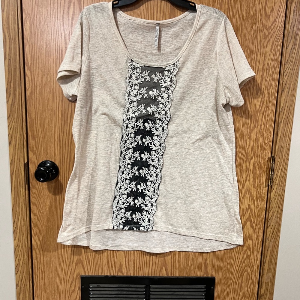 Studio Beige Top with Black Lace Detail